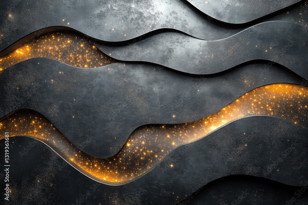 Poster dark metallic waves with glowing golden accents create a dynamic and textured abstract design modern