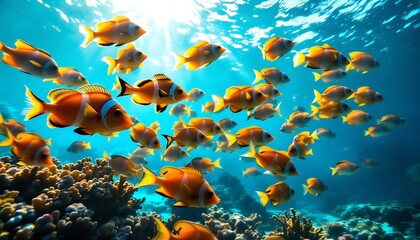 Naklejka premium Vibrant Tropical Fish School Coral Reef Underwater Scene