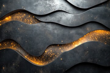 Fototapeta premium Dark metallic waves with glowing golden accents create a dynamic and textured abstract design Modern stylish and visually intriguing
