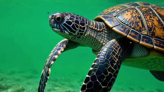 Turtle swimming in water with a green screen background, showcasing its shell, flippers, and smooth aquatic movements. The vibrant green backdrop contrasts with the natural textures of the turtle.  
