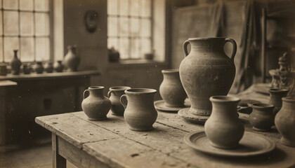 Vintage photography of clay pots and vases, created with sepia effect. The image conveys the atmosphere of antiquity and craft. Ideal for retro and rustic projects.