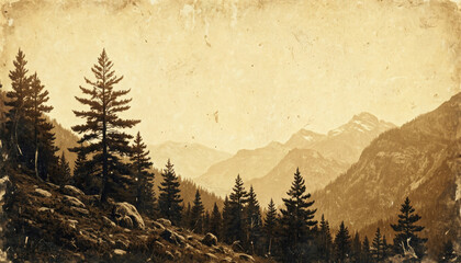 Vintage landscape with silhouettes of coniferous trees against the background of mountains. Sepia effect photography, creating an atmosphere of antiquity and tranquility. Retro-style projects.