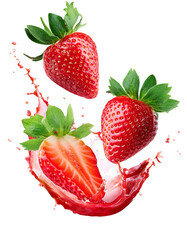 Ripe strawberries creating a splash of fresh juice on transparent background