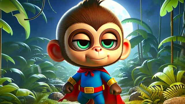 Affenbaby mit Umhang als Superheld im Dschungel