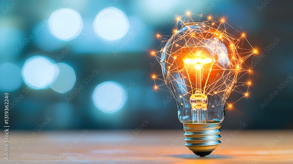 Poster bright idea illuminated light bulb with glowing sparkles and network connections on a wooden table w