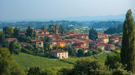 Fototapeta premium Village houses landscape. Small town aerial view. Old buildings in valley. Traditional roofs scenery. Summer green mountains backdrop. Hillside settlement scene.