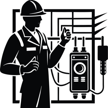 recommend clip art: A pure black silhouette of an electrical engineer holding a multimeter while inspecting electrical equipment 