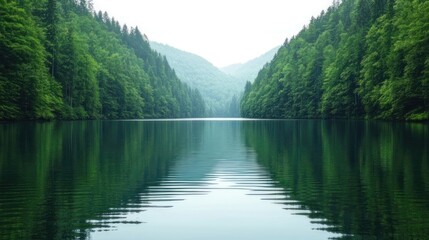Obraz premium Serene mountain lake reflecting lush forest