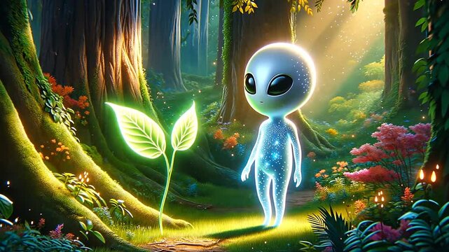 Kleiner Alien ber&uuml;hrt ein leuchtendes Pfl&auml;nzchen in einem magischen Wald