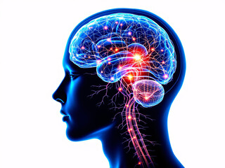 Glowing brain with neural connections and spinal cord, symbolizing cognitive activity and intelligence.