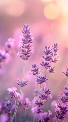 Naklejka premium Lavender Field at Sunset:Close-up view of vibrant purple lavender flowers in full bloom, bathed in the warm, golden light of the setting sun.