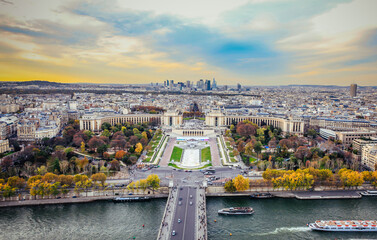 View of Paris city and the river Seine from the top of the Eiffel Tower on a bright autumn day
