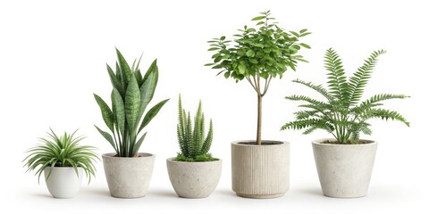Obraz premium Potted Plants Assortment Spider Plant, Snake Plant, Tree, Fern in Concrete Pots on White Background, Indoor Plants, Home Decor