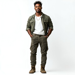 Naklejka premium Confident Male Model in Casual Military Attire: Urban Fashion Photography for Social Media Branding