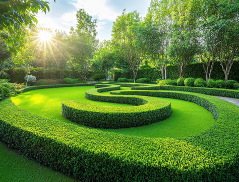 Lush green topiary garden features skillfully shaped hedges and vibrant grass, illuminated by morning sunlight filtering through trees