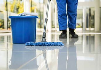 A cleaning service worker is mopping the glossy floor in a contemporary interior space, accompanied by a blue cleaning bucket