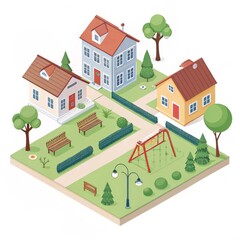 Isometric View of Houses and Playground A Charming Neighborhood Scene, community , housing