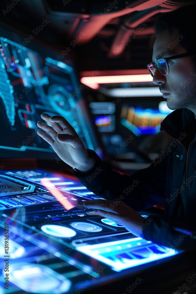 Poster a man wearing glasses, indoors, interacts with a bright, glowing touch screen display filled with da