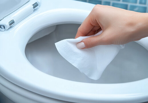 A woman's hand is holding a wet white cloth as she cleans the inside of a toilet bowl in a bathroom, emphasizing cleanliness