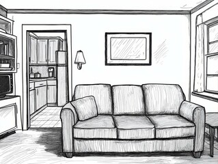 Living Room Interior Sketch with Sofa Lamp and Kitchen View in Black and White Illustration