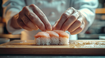 sushi master delicately torching a piece of premium  nigiri with a handheld flame