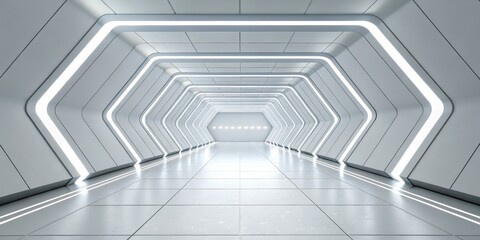 Obraz premium Futuristic Hexagon Tunnel with White Light, interior, corridor