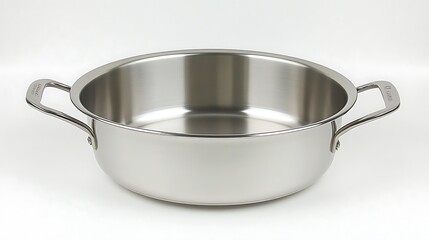 Stainless steel cooking pot with two side handles is displayed