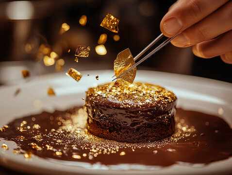 A pastry chef using silver tweezers to carefully position a sugared violet petal atop a gourmet chocolate souffle
