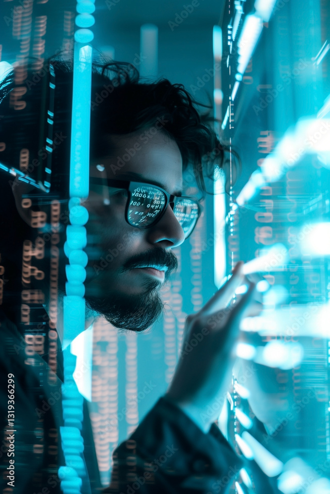 Poster a man wearing glasses analyzes data streams displayed in a virtual reality environment. the blue lig