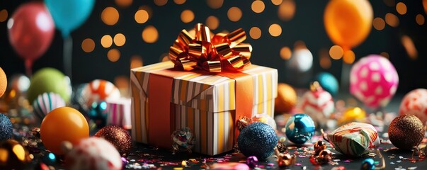 Colorful Gift Box Surrounded by Party Decorations and Balloons