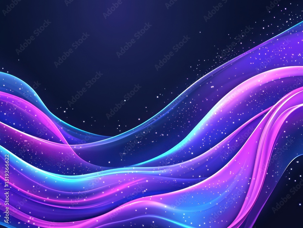 Poster abstract colorful waves flowing across a dark background with sparkling effects