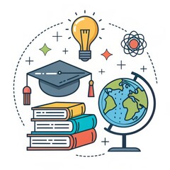 Education Concept Globe, Books, Mortarboard and Lightbulb, learning , knowledge