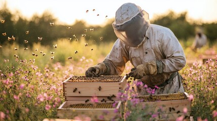 Beekeepers Caring for Beehives in Flower Fields