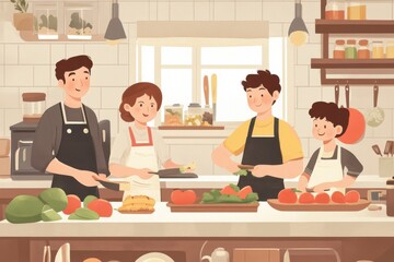 A family preparing a healthy meal together in the kitchen