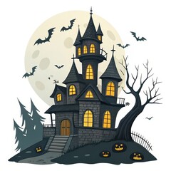 Cartoon Haunted House with Bats and Full Moon, halloween, spooky