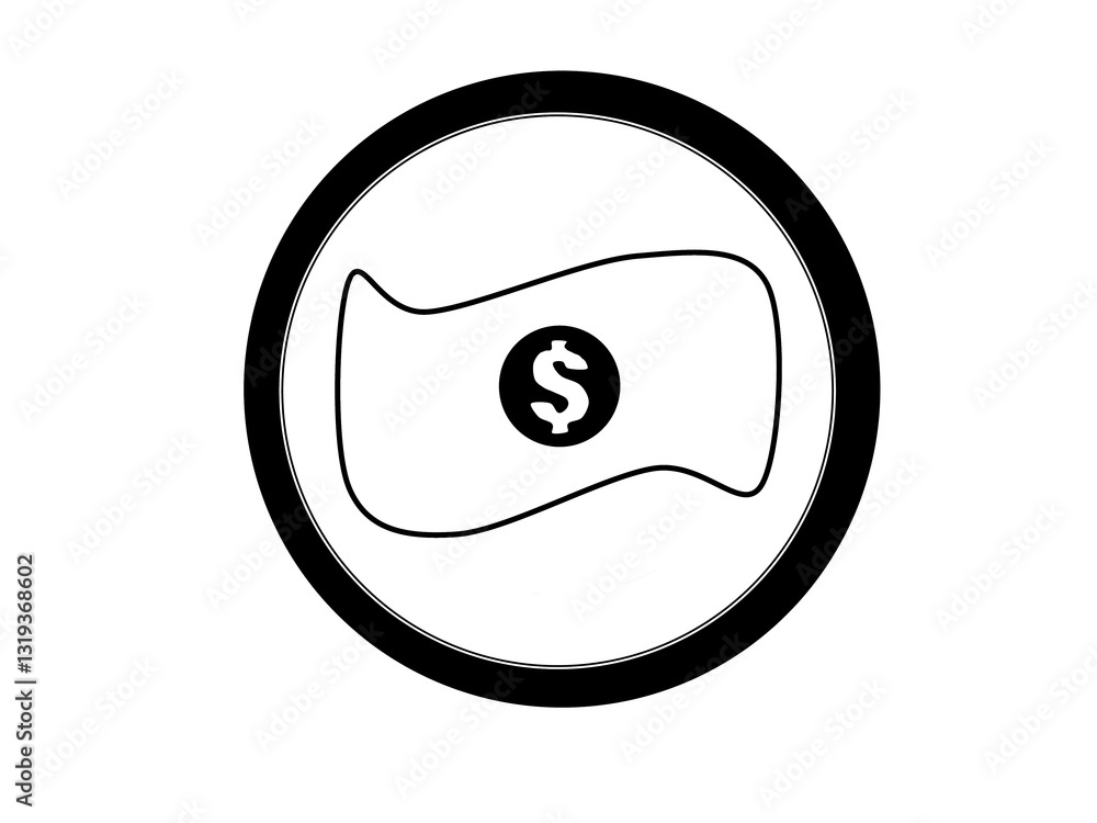 Poster the image shows a black and white icon featuring a circular coin design. inside the circle, there is