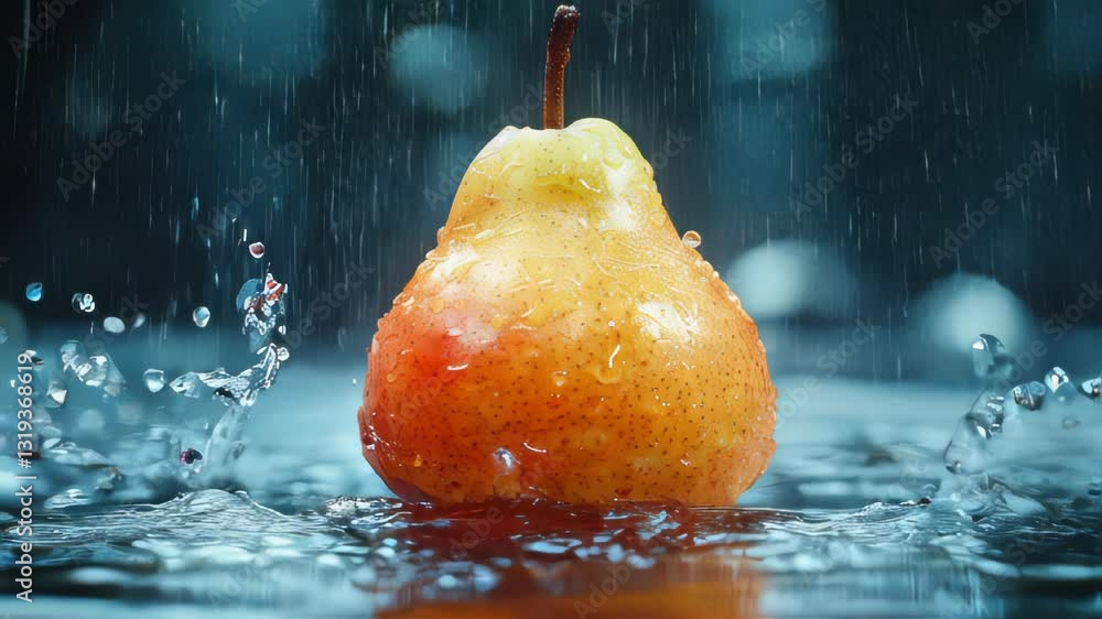 Poster fresh pears with water droplets splashing around them in a refreshing and vibrant scene