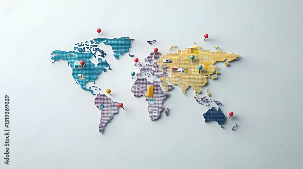 Poster 3d colorful pixelated world map with push pins on a clean white background showing global connection