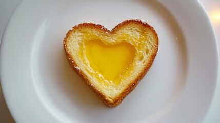 A heart-shaped toast with melted butter, sitting on a pristine white plate 