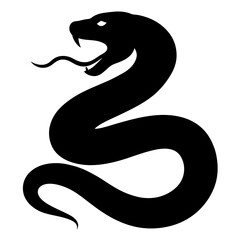 Fototapeta premium Black Silhouette of Coiled Snake with Hood Flared, Ready to Strike on White Background