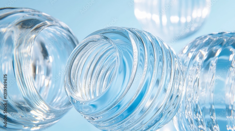 Poster transparent glass objects with swirling patterns on blue background