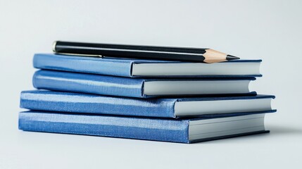 Stack of blue notebooks with pen and pencil