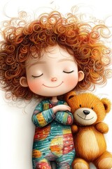 Fototapeta premium A cartoon girl with curly hair in lively pajamas, sleeping with a teddy bear nearby. Quiet night, gentle dreams.