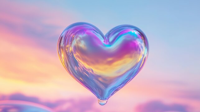 A liquid heart floating mid-air, melting into iridescent colors against a soft gradient sky 