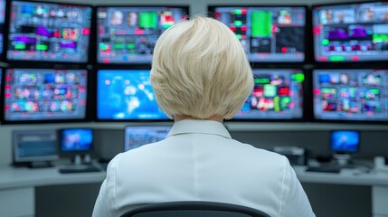 Woman Monitoring Data on Multiple Screens in a Bright Control Room