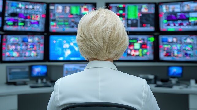 Woman Monitoring Data on Multiple Screens in a Bright Control Room - Powered by Adobe
