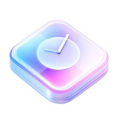 3d glass holographic icon time. Rainbow crystal material with pink blueneon  gradient. 3D illustration on png