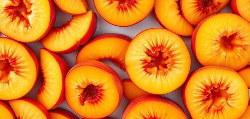 Vibrant peach slices, juicy and colorful, create a delightful summer fruit pattern, closeup, design element