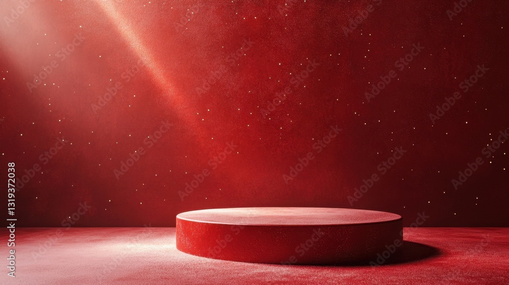 Poster red circular platform surrounded by starry background and soft light