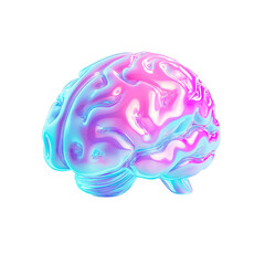 3d glass holographic icon brain. Rainbow crystal material with pink blueneon  gradient. 3D illustration on png